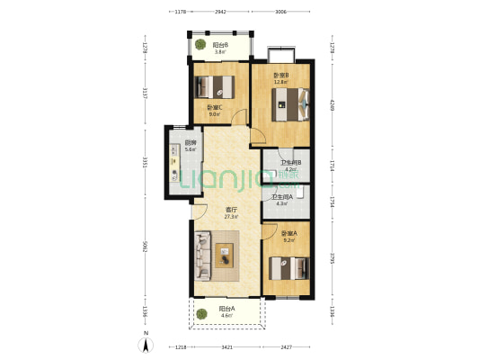 大唐世家七期 3室1厅2卫 93平方