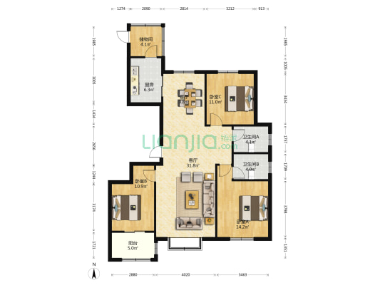 恒丰鑫苑 3室2厅2卫 138平方