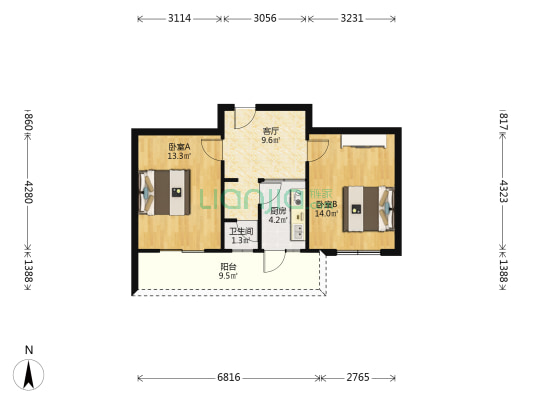 磨底河沿街1号 2室1厅1卫 53平方