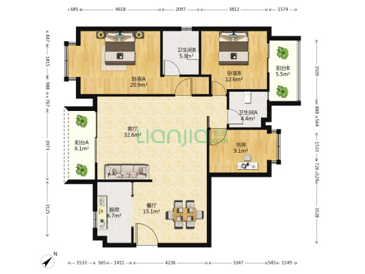 世纪豪庭 3室2厅2卫 148平方
