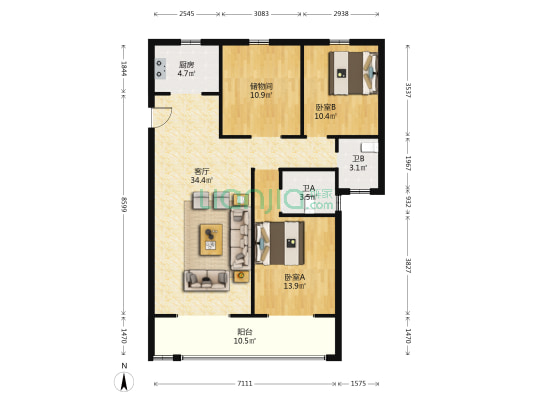 凤城凯旋公馆 2室1厅2卫 121平方