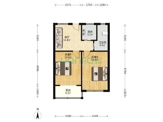 富川大楼 2室1厅1卫 76平方