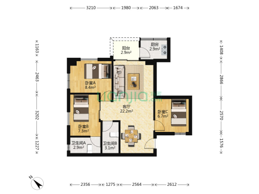 梅园西路 3室1厅2卫 70平方