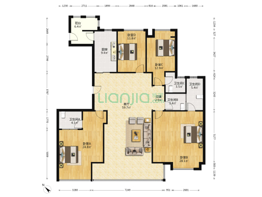 顺德绿地中心 4室1厅4卫 203平方