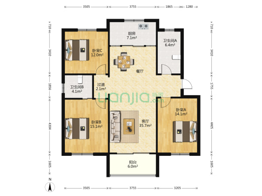新新家園 3室1厅2卫 145平方