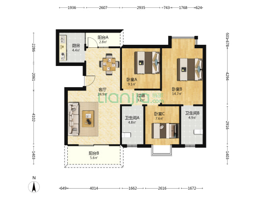 凯富南方鑫城 3室1厅2卫 109平方
