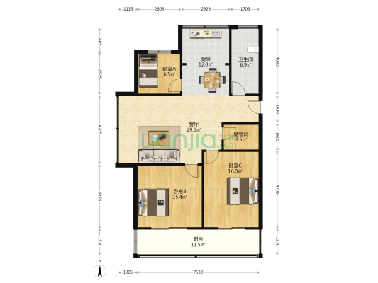 光明花苑二期 3室1厅1卫 109平方