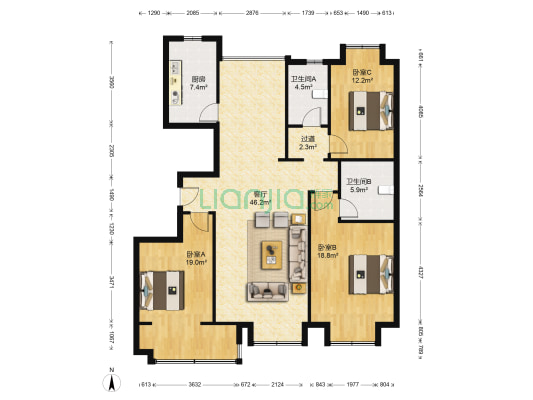 舜奥华府南区 3室1厅2卫 152平方