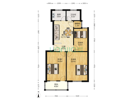 卫生院宿舍楼 3室1厅1卫 82平方