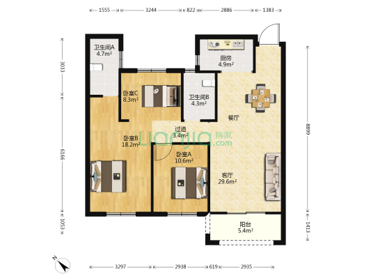 阳光佳苑 3室1厅2卫 118平方