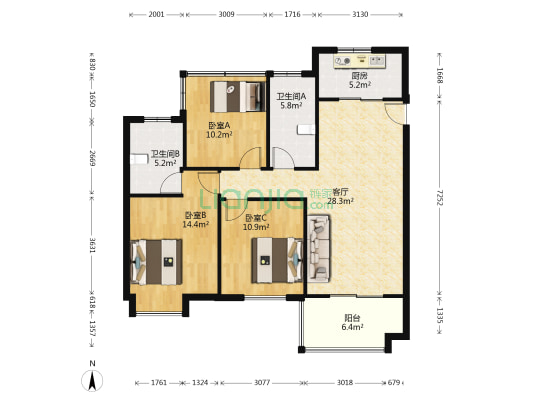 华润国际社区C区 3室1厅2卫 110平方