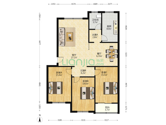 正安愉园 3室2厅1卫 133平方