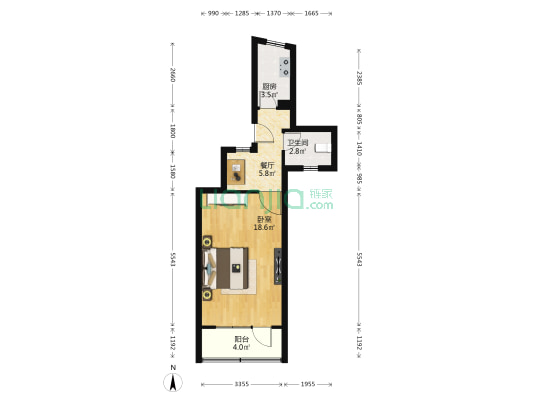 新闸路1213-1229号(单) 1室1厅1卫 43平方