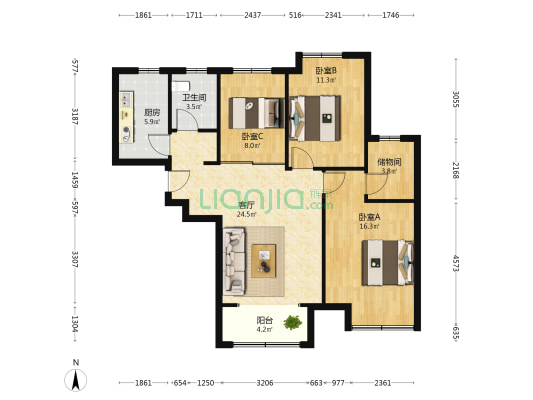 泉景天沅雅园 3室1厅1卫 107平方