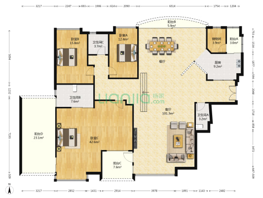 碧海云天二期 3室1厅3卫 210平方