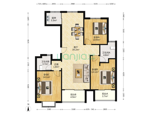 马鞍苑二区 3室1厅2卫 126平方
