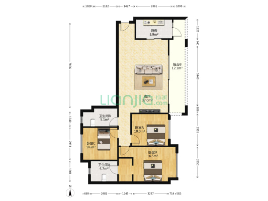 龙湖听蓝湾二期 3室1厅2卫 119平方