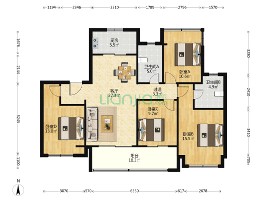 辉映时代花园 4室1厅2卫 142平方