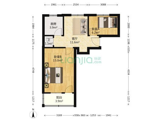 建设路97-1号 2室1厅1卫 50平方