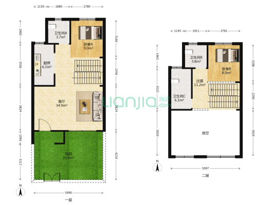 龙湖九里晴川 2室1厅3卫 134平方
