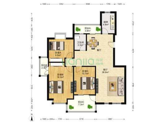 上林春天花园 3室1厅1卫 117平方