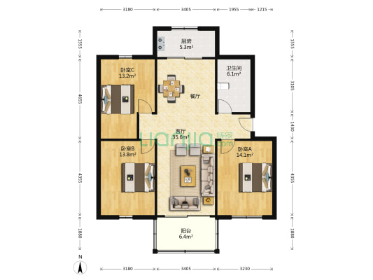 开盛广场 3室1厅1卫 106平方