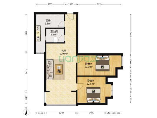 盾安九龙城A区 2室1厅1卫 84平方