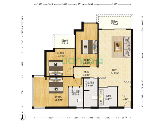 兰亭国际名园 3室1厅2卫 132平方