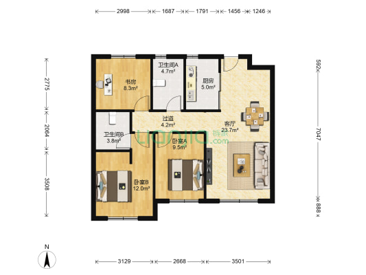 龙湖天宸原著 3室1厅2卫 87平方