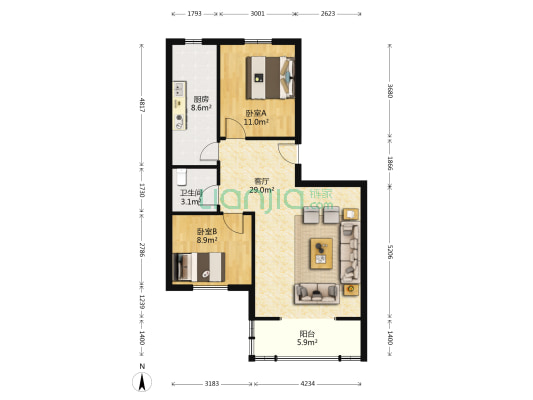 扬州花园 2室1厅1卫 62平方