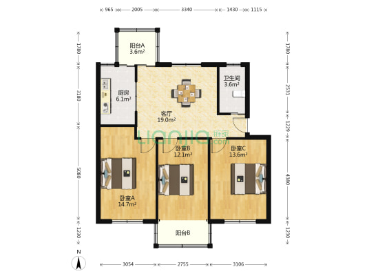 老人民医院宿舍楼 3室1厅1卫 83平方