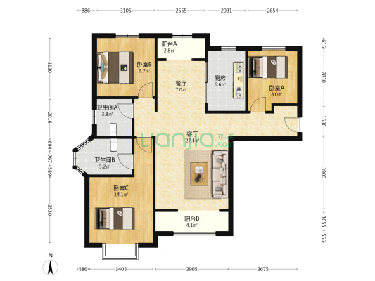 中间楼层，南北通透三居，毛坯随意装带地下车位-户型图