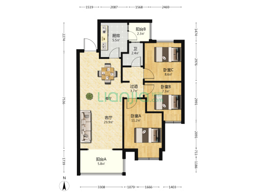 百集龙广场滇池一英里 3室1厅1卫 88平方