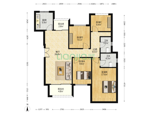 金科博翠园E区 4室1厅2卫 115平方