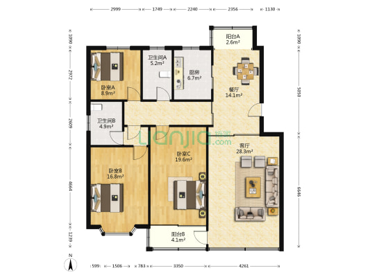 梅花小苑南区 3室2厅2卫 144平方