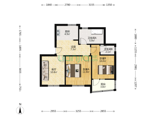 温泉镇荔园路 2室1厅2卫 70平方