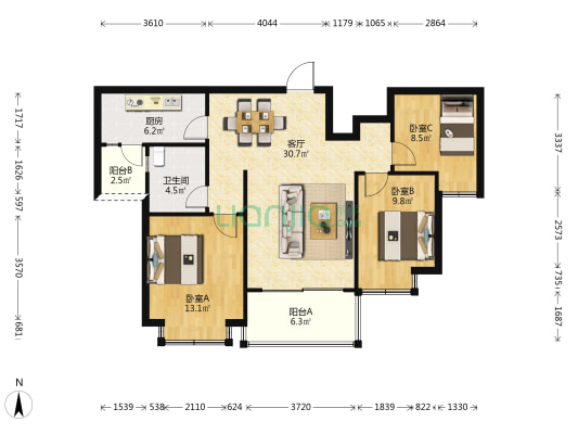 恒大名都珺庭 3室1厅1卫 104平方