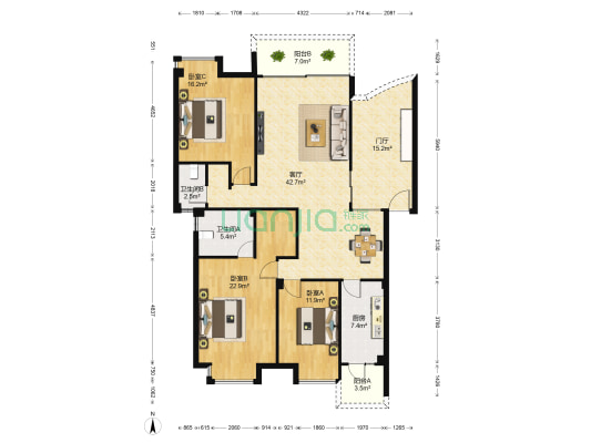 枫山美地 3室1厅2卫 142平方