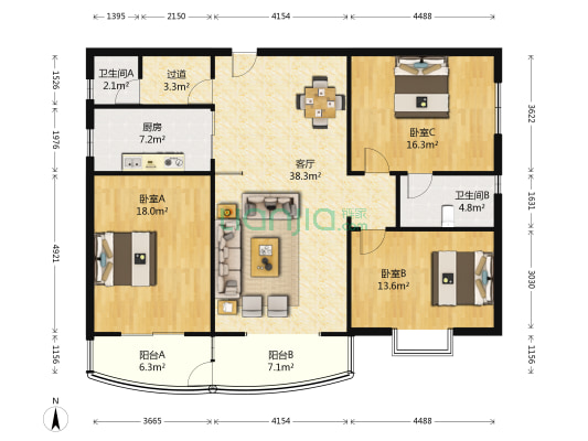 桃海商住楼 3室1厅2卫 154平方