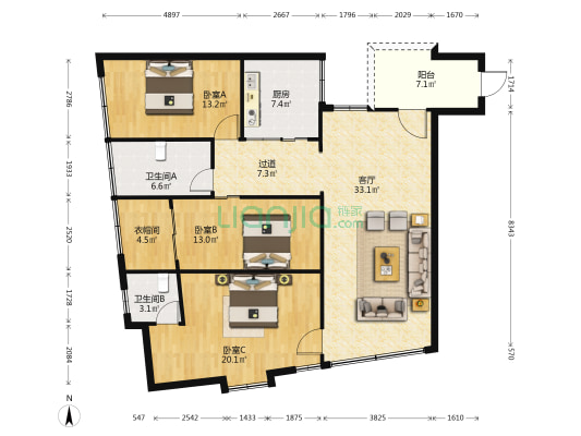 南翠豪庭 3室1厅2卫 119平方