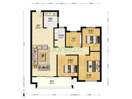 欧帆当代城B区 4室1厅1卫 118平方