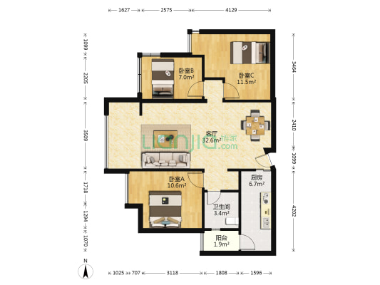 红墙国际 3室1厅1卫 91平方