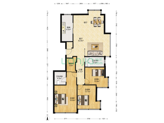 金岭花园B区 3室1厅2卫 145平方