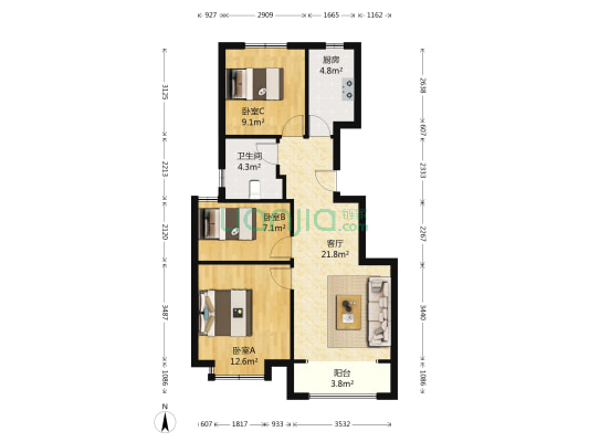 亿儒园 3室1厅1卫 89平方