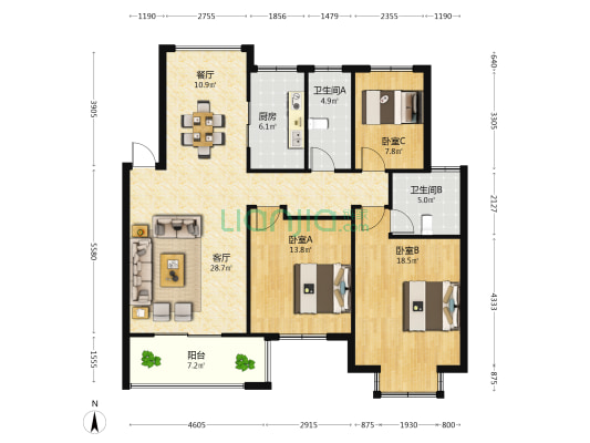 云川名都 3室2厅2卫 128平方