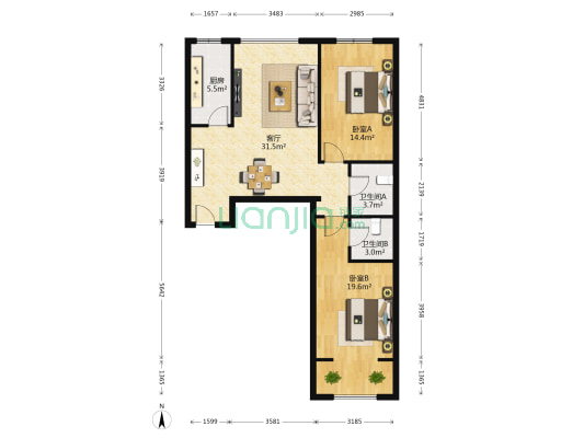 兰东花园 2室1厅2卫 106平方