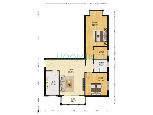 阅海名筑 2室1厅1卫 106平方