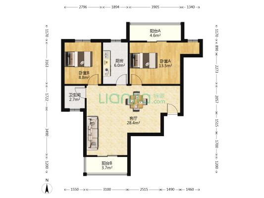 地铁汉阳城 2室1厅1卫 95平方