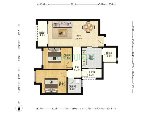 碧桂园东湖1号 2室1厅1卫 83平方