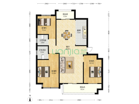 枫锦嘉苑 3室1厅2卫 116平方